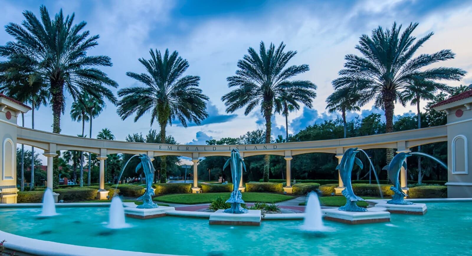 Dolphin fountain at the Emerald Island Resort entrance